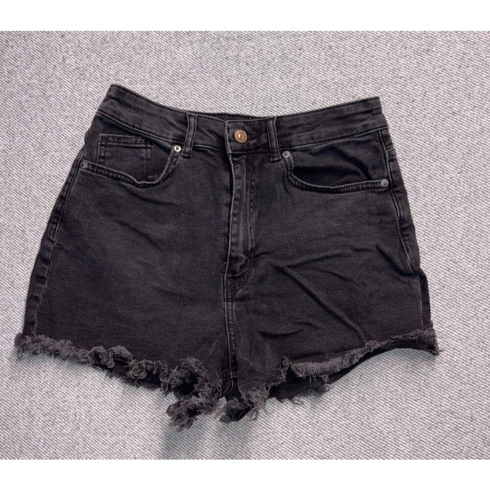 H&M Divided Black Denim Shorts Cutoffs High Waisted Distressed Frayed Hem Size 6